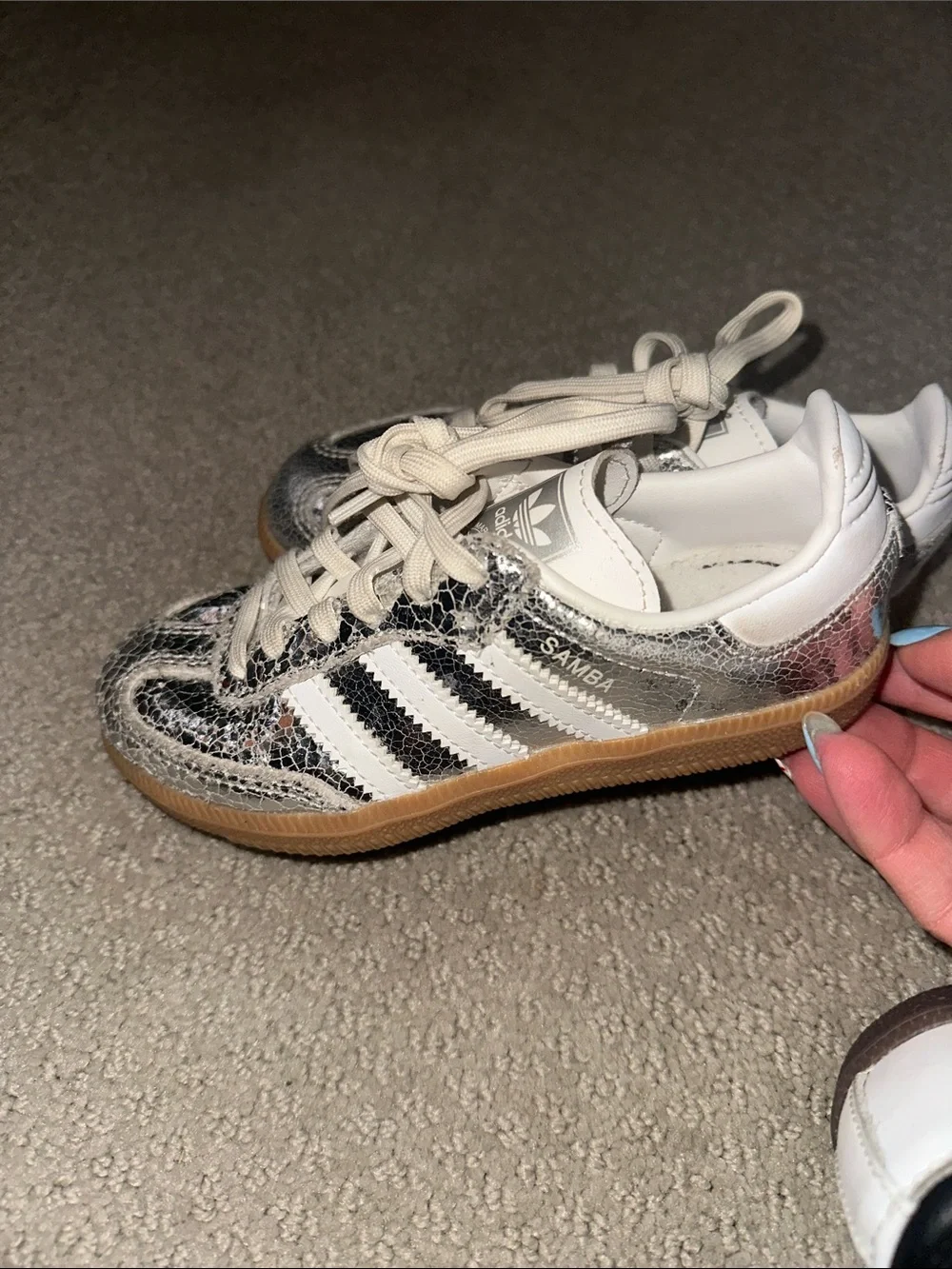 Super cute! (3) adidas Samba toddler Trio - Black, Silver & metallic White - Picture 8 of 9